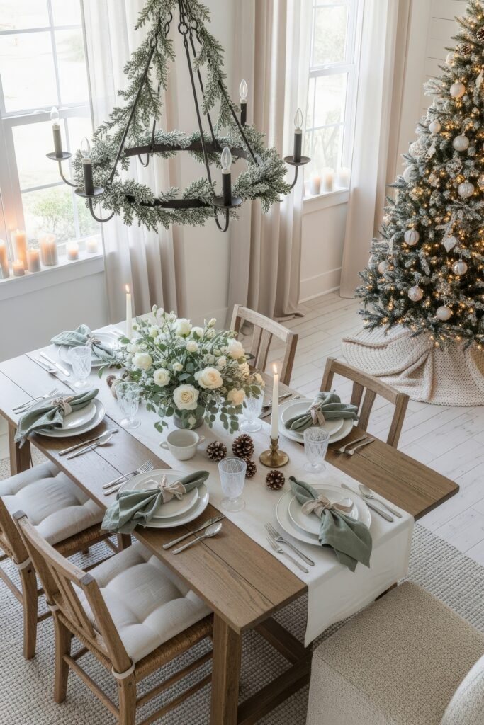 Cozy Ways to Style Farmhouse Christmas Décor 2 Elegant holiday dining table with white roses, pinecones, and soft green napkins beneath a chandelier of greenery, with a Christmas tree sparkling in the corner.