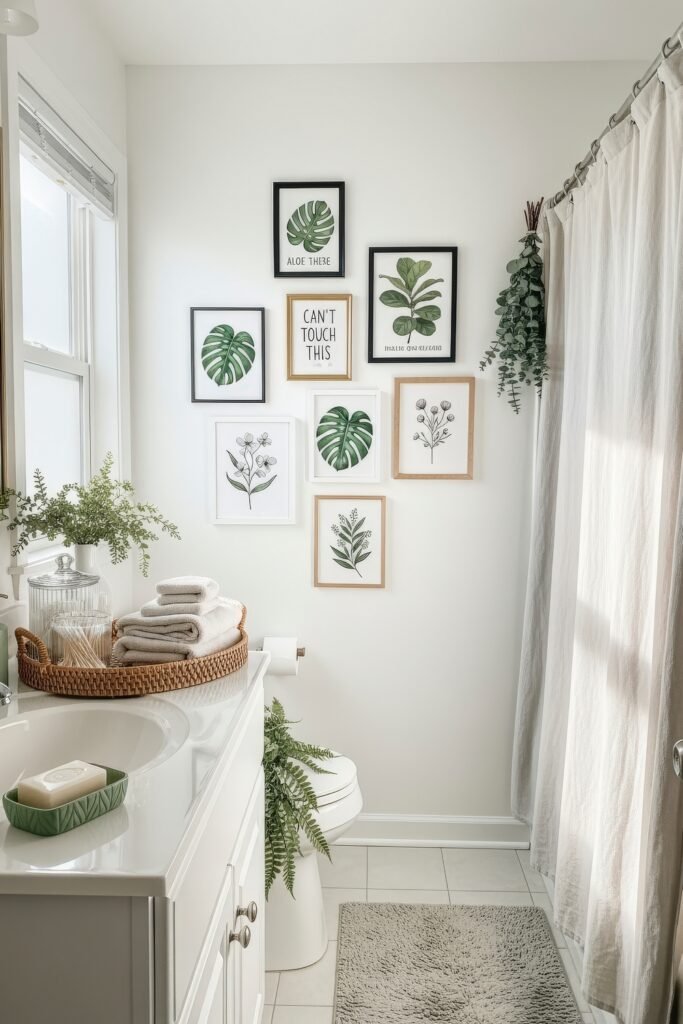 Small Changes, Big Smiles with funny bathroom decor 2 Bright bathroom decor featuring leafy botanical prints, wicker accents, and potted greenery for a fresh natural look.