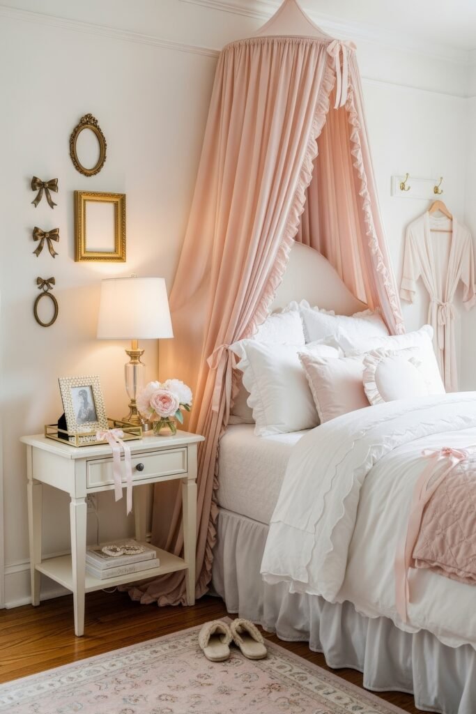 Fresh girls bedroom ideas for a stylish, cozy escape 2 Elegant bedroom with a blush pink canopy, ruffled white bedding, and gold accents on the nightstand and wall decor.