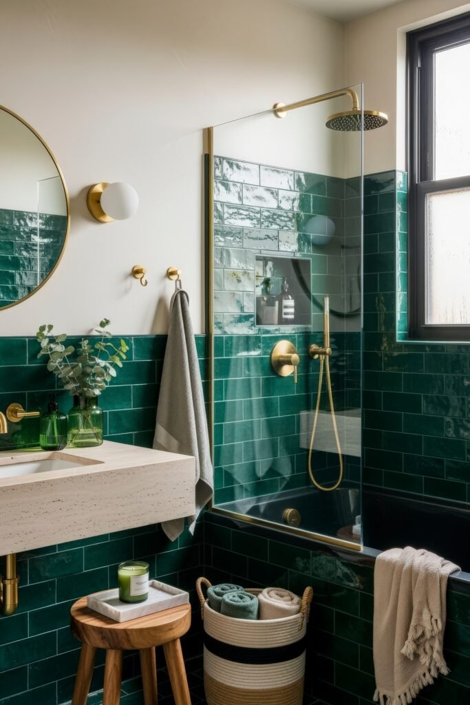 Bathroom Decor Inspo: Fresh Ideas for gold bathroom decor 2 Modern bathroom featuring glossy green subway tiles, a round mirror with gold trim, wall-mounted sink, and gold shower fixtures with accents of greenery and woven baskets.