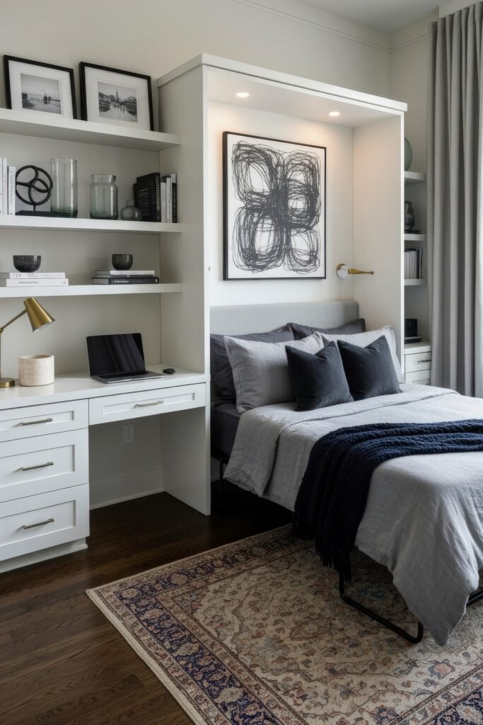 Clever Ways to Style a Home Office Guest Room Combo 2 Contemporary combo spaces design featuring a murphy bed framed by shelves and a white desk, accented with monochrome artwork and a patterned rug.
