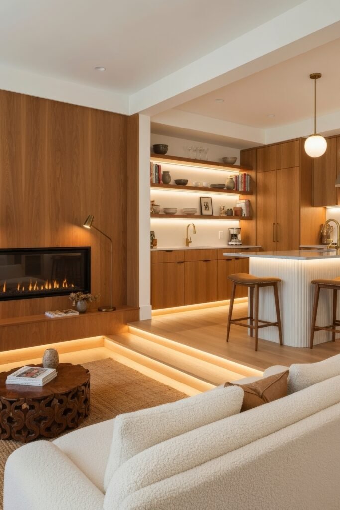 Smart Ways to Style a Kitchen and Living Room Combo 2 Warm-toned combo space with a sunken lounge area facing a fireplace, and a compact kitchen elevated by steps, featuring open shelving, integrated lighting, and wood finishes throughout.