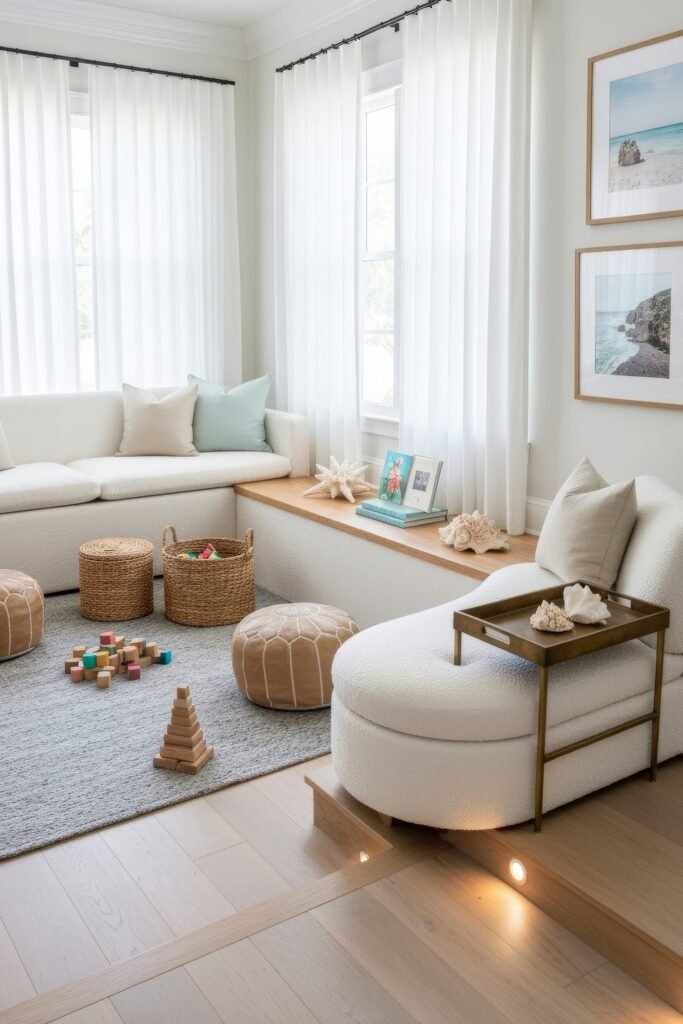 A Living Room Playroom Combo That Works 2 Bright family room with white seating, woven poufs, baskets of toys, and wooden blocks spread across a soft rug.