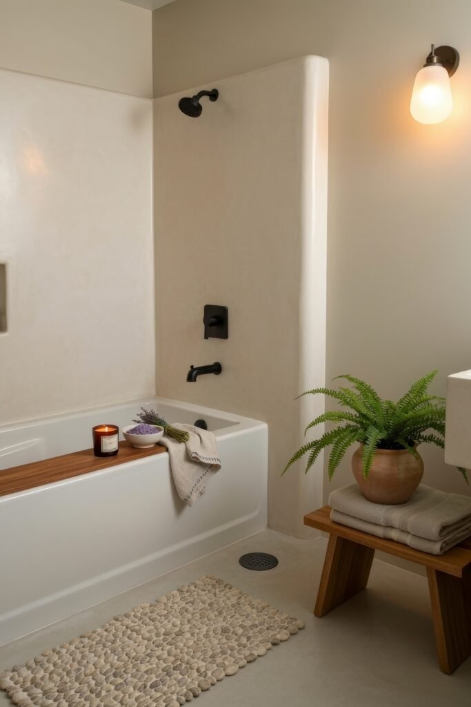 Fresh, Stylish Ways To Elevate Your Tub Shower Combo 2 Minimalist bathroom featuring a white tub with matte black fixtures, wood bath tray with candle and lavender, potted fern, and pebble-style rug.