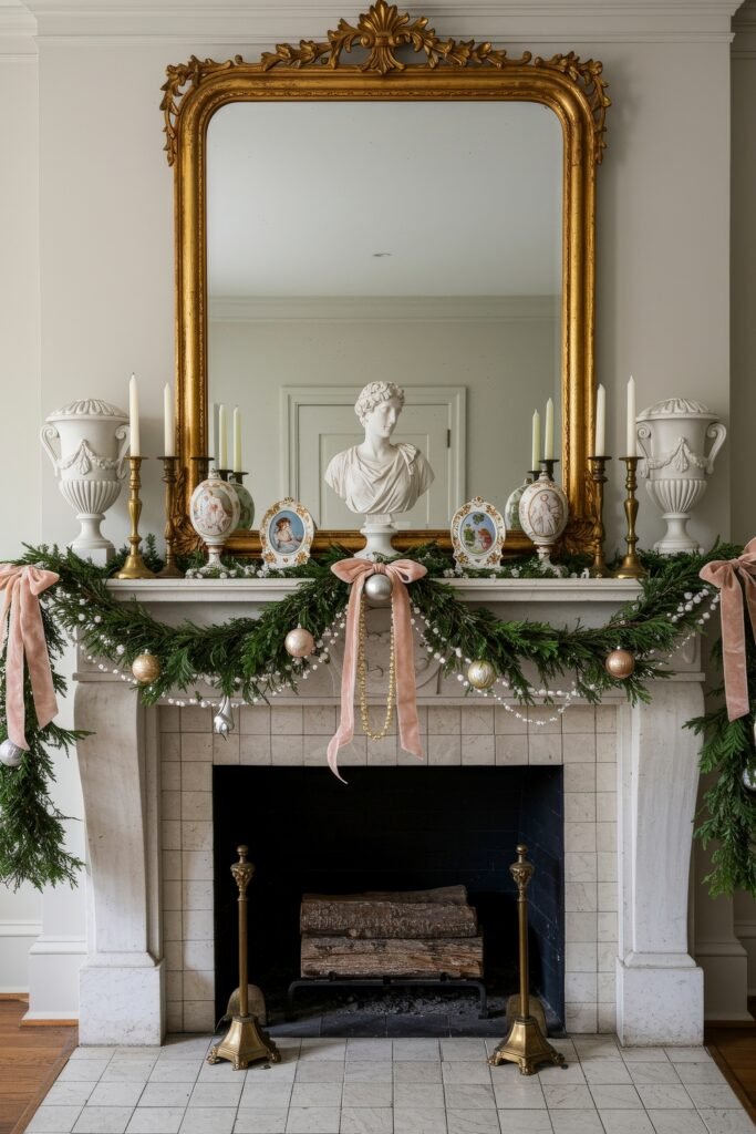 Cozy, Collected Magic With Vintage Christmas Decor Ideas 2 Elegant white mantel with greenery, pink ribbons, and ornaments, featuring a marble bust, candles, and framed portraits, styled as vintage Christmas décor ideas.