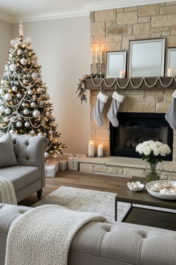 Warm stone fireplace living room with a silver and white decorated Christmas tree, gray stockings on the mantel, glowing candles, and soft gray seating.