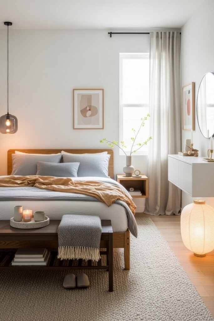 Modern bedroom with a wood bed frame, soft pastel bedding, warm lighting, and simple artwork, styled with cozy textures.