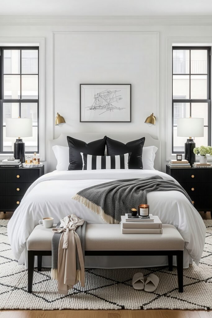 Symmetrical black and white bedroom ideas with a white bed, striped cushions, black nightstands, and gold sconces, styled with cozy throws and a bench at the foot of the bed.