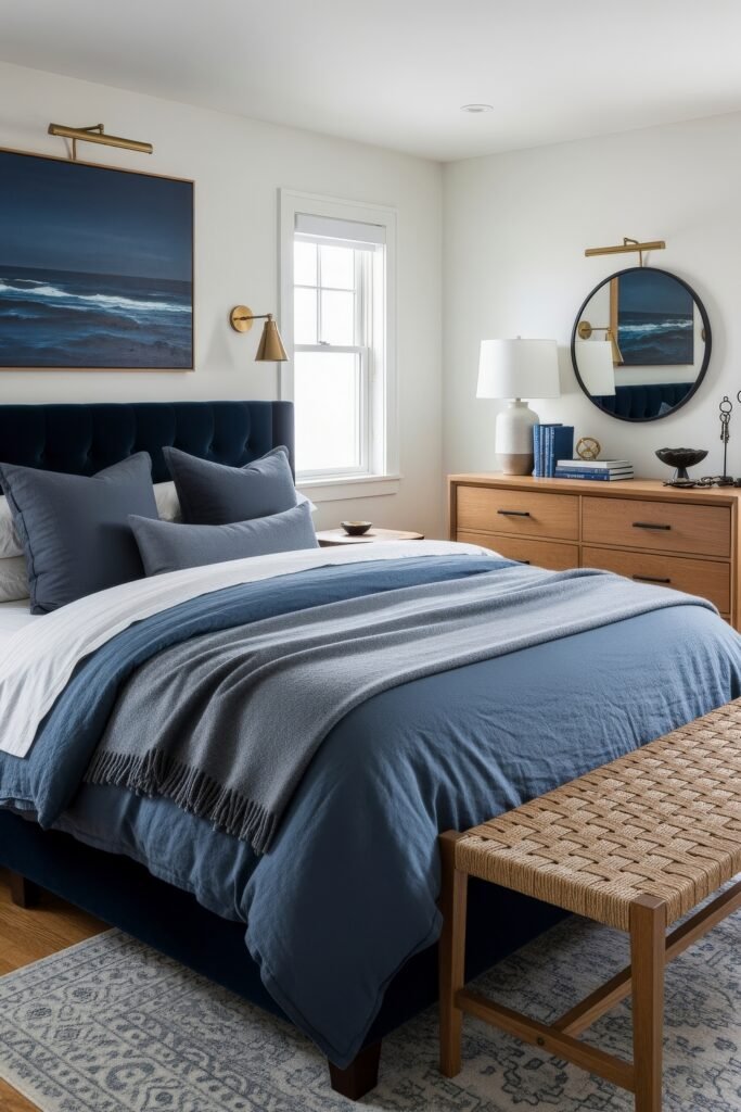 Fresh blue bedroom ideas for a calm, chic retreat 3 Cozy bedroom featuring a tufted navy headboard, layered blue and gray bedding, wood dresser with a round mirror, and coastal-inspired artwork.