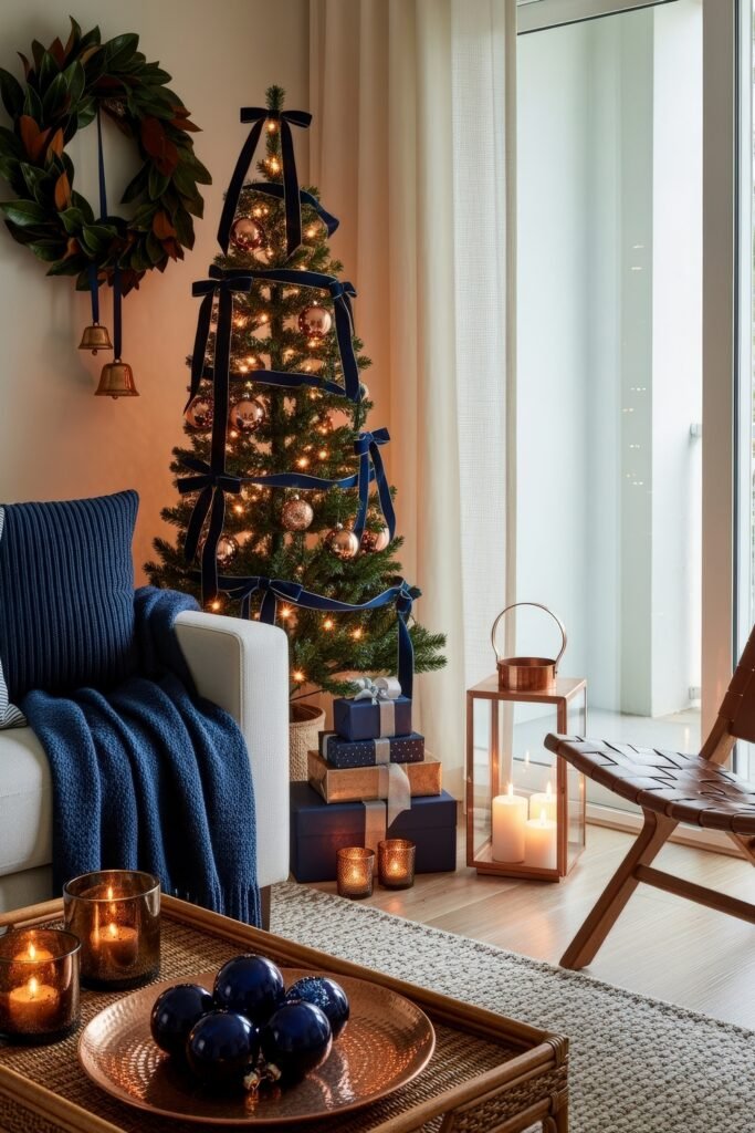 Cozy Holiday Magic With Blue Christmas Décor 3 Small Christmas tree decorated with navy ribbon and copper ornaments beside wrapped gifts, glowing candles, and a wreath, styled in a modern cozy holiday look.