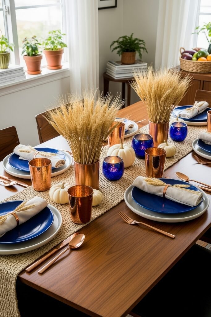 Fresh Ways to Style Blue Thanksgiving Table Décor 3 Bright Thanksgiving table with copper accents, blue plates, white pumpkins, and golden wheat centerpieces.