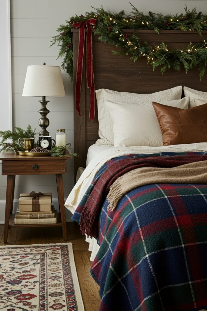 Elevate Your Bedroom with Cozy Christmas Bedding 3 Rustic wood headboard with garland and red ribbon, bed layered in plaid christmas bedding with tan throw and leather pillow, beside a vintage nightstand.