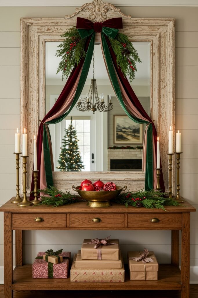 Cozy Christmas Décor for a christmas entryway 3 A festive console with brass candlesticks, greenery, and a bowl of pomegranates, set below a large vintage mirror draped in velvet ribbons, with a lit tree reflected in the background.