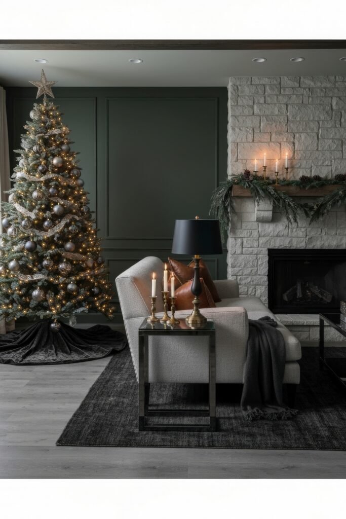 Cozy, Modern Magic for Your christmas living room 3 A moody holiday living room featuring a decorated Christmas tree with gold and silver ornaments, a white stone fireplace with garland and candles, and cozy seating with dark accents.