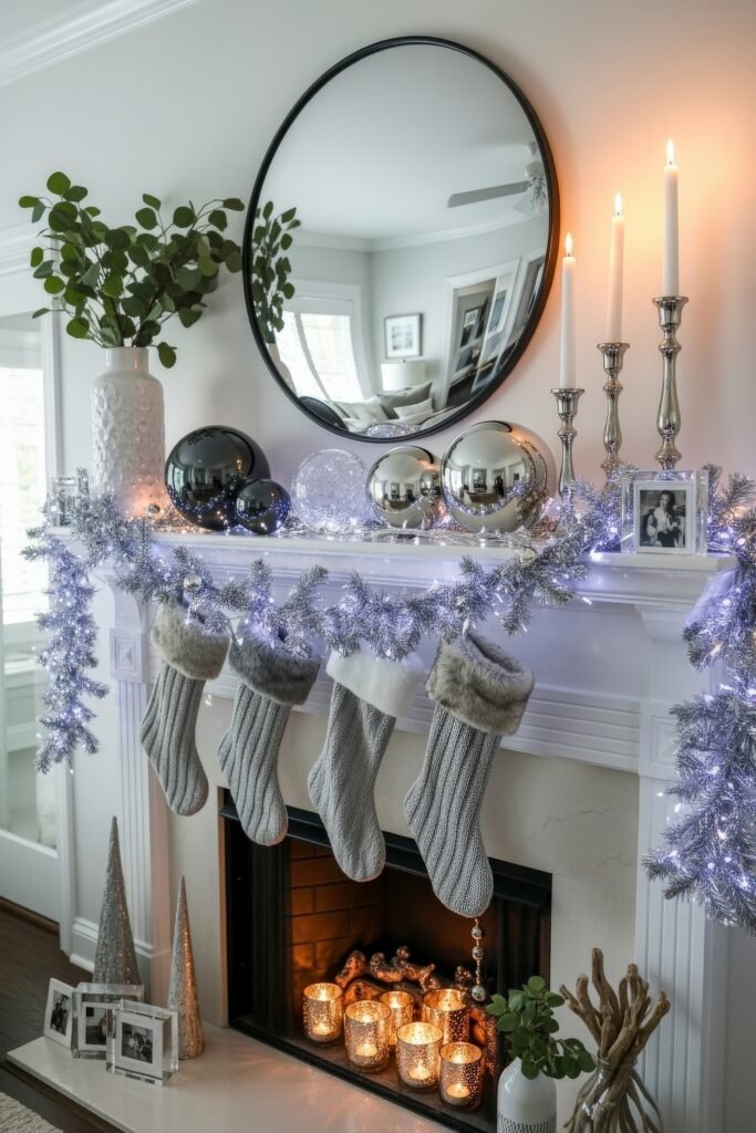 White fireplace mantle decorated with silver garland, glowing candles, shiny ornaments, and four gray stockings with faux fur trim.