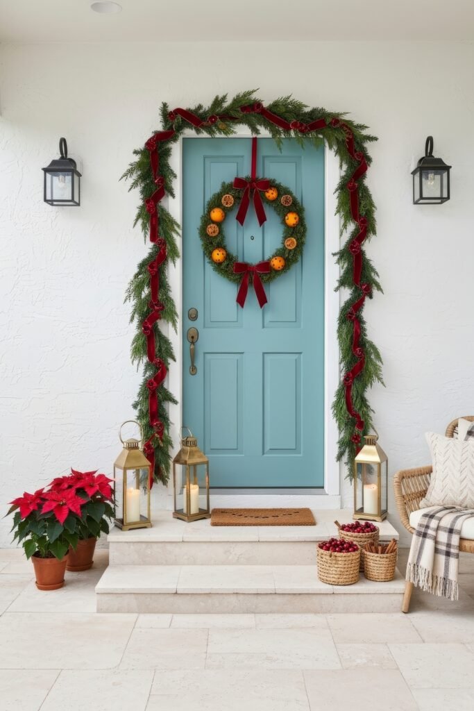 Cozy Entry Magic for christmas porch décor 3 Bright blue door framed with greenery and red ribbon garland, orange and clove wreath, gold lanterns, poinsettias, and a woven chair with a plaid blanket.