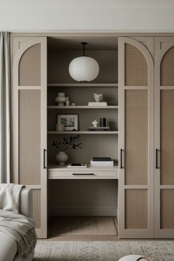 Closet Office (Cloffice) Ideas For A Chic, Calm Workspace 3 Closet office with rattan doors, floating shelves, and a paper lantern overhead, styled with books and ceramics.