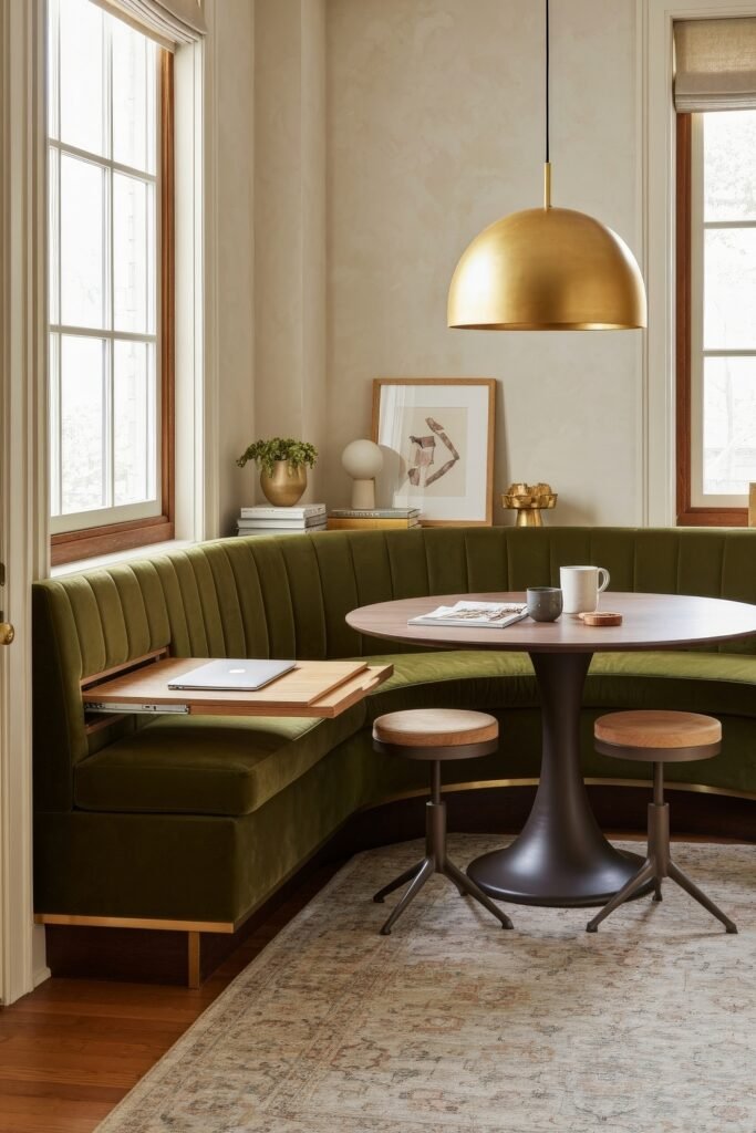 Design-Forward Ways to Style a Dining Room Office Combo 3 Elegant dining corner with a curved green velvet banquette, round wooden table, and a pullout work tray holding a laptop under a gold pendant light.