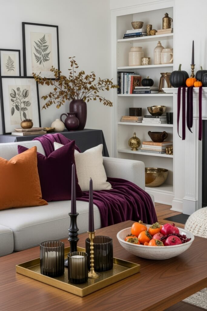 Modern, Cozy Ideas for Fall Thanksgiving Décor 3 A living room with deep purple and orange accents, styled with candles, throw pillows, and a bowl of persimmons and pomegranates for a festive Thanksgiving décor.
