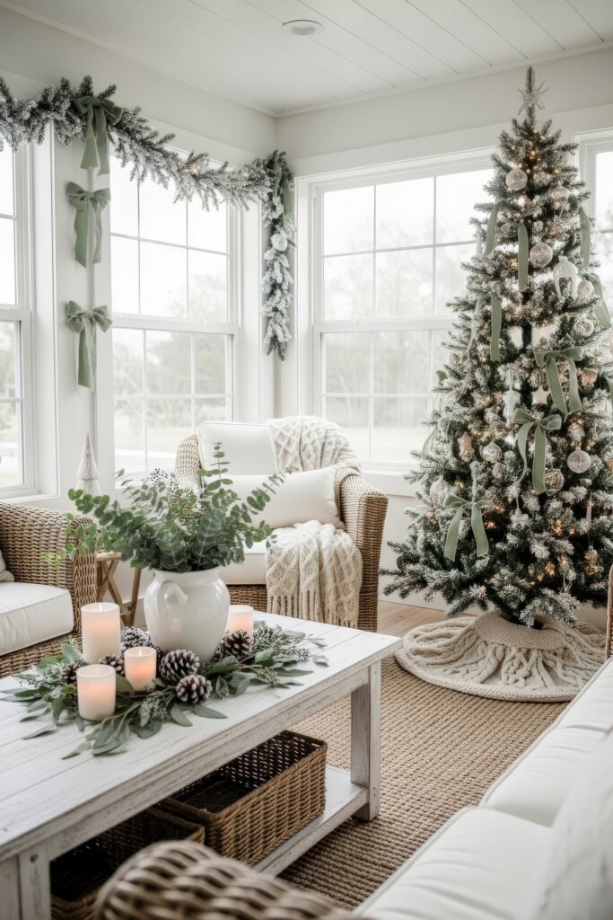 Cozy Ways to Style Farmhouse Christmas Décor 3 Cozy living room decorated with wicker furniture, frosted garland, and a Christmas tree trimmed with silver ornaments and green ribbons, centered around a farmhouse-style coffee table with candles and pinecones.