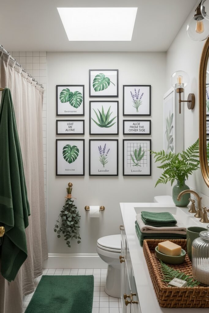 Small Changes, Big Smiles with funny bathroom decor 3 Bathroom decor with a gallery wall of leafy and lavender prints paired with green towels and plants for a cozy spa-like vibe.