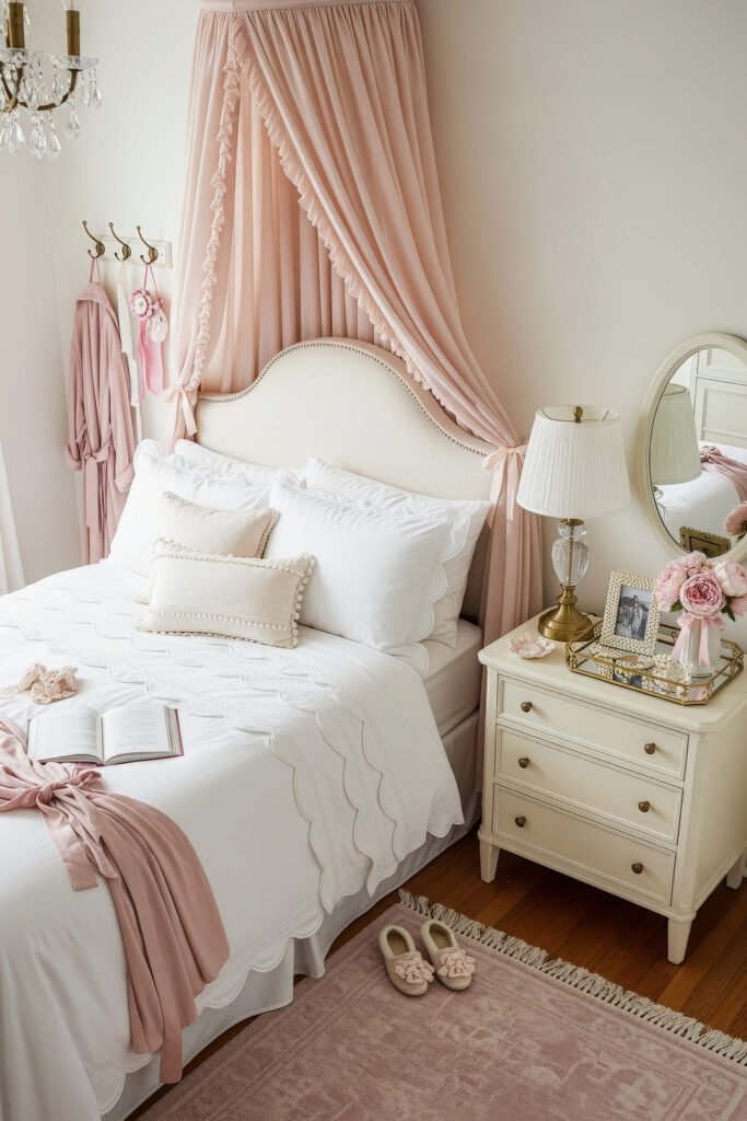 Fresh girls bedroom ideas for a stylish, cozy escape 3 Romantic bedroom with a white bed, scalloped bedding, blush pink canopy, and a soft pink rug for a feminine touch.