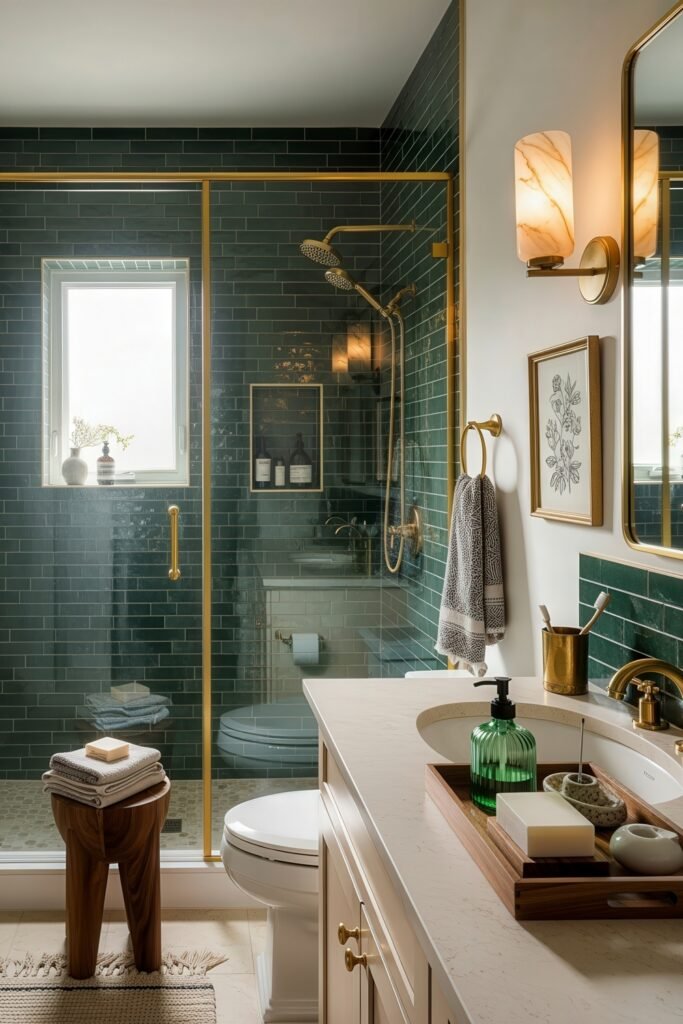 Bathroom Decor Inspo: Fresh Ideas for gold bathroom decor 3 Bright bathroom with emerald green tiles, glass shower enclosure, marble countertop, and coordinated gold bathroom decor including faucets, lighting, and trim.