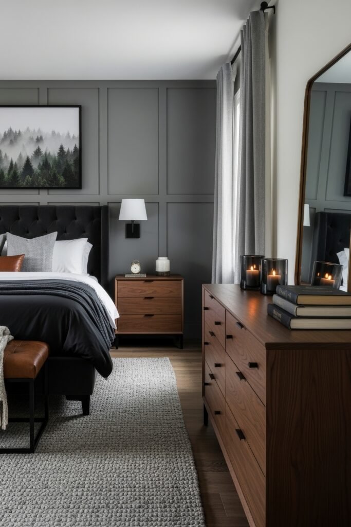 Grey bedroom ideas for a calm, stylish retreat 3 Stylish grey bedroom ideas with paneled walls, a tufted headboard, wood furniture, layered textiles, and soft candlelight.