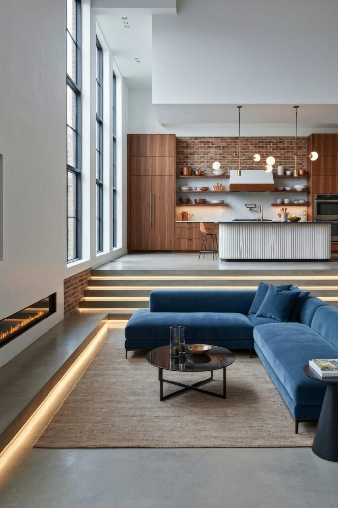 Smart Ways to Style a Kitchen and Living Room Combo 3 Industrial-style kitchen and living room combo with exposed brick walls, floor-to-ceiling windows, and a blue sectional sofa, highlighted by layered lighting and a sleek linear fireplace.