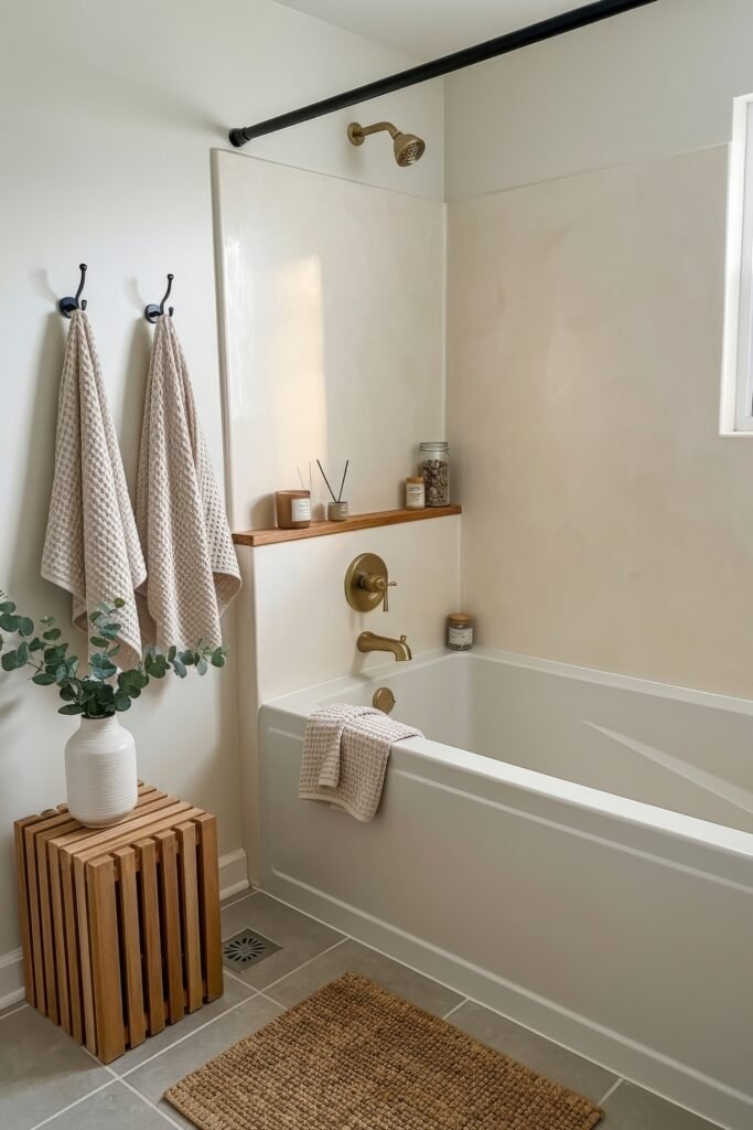 Fresh, Stylish Ways To Elevate Your Tub Shower Combo 3 Cozy bathroom with a white tub shower combo, brass fixtures, beige towels, wood side table with vase, and a shelf ledge holding candles and jars.