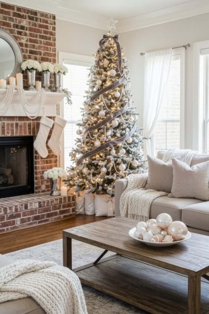 Brick fireplace living room with a frosted Christmas tree wrapped in silver ribbon, pearl garlands on the mantel, and a bowl of ornaments on the wooden coffee table.