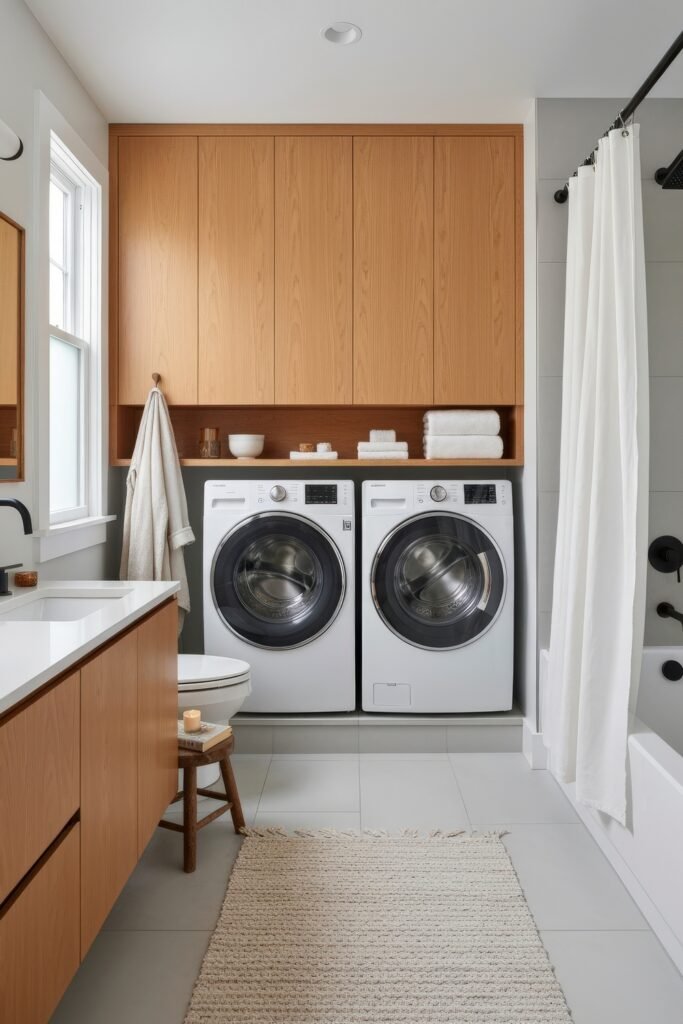 Stylish Small Spaces: Bathroom Laundry Combo 2 Bright bathroom with wood cabinetry, a vanity mirror, bathtub with shower curtain, and a washer and dryer set neatly tucked under storage cabinets.