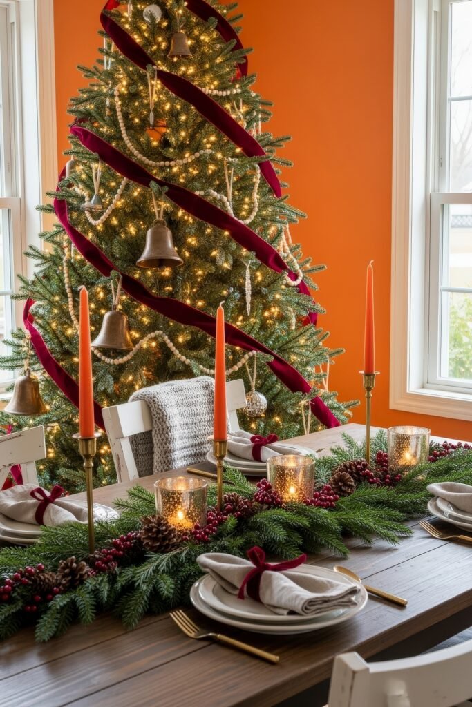 Cozy-Luxe Ideas for Burgundy Christmas Decor 2 Dining table set with greenery, candles, and red accents beside a tall Christmas tree wrapped in burgundy ribbon.