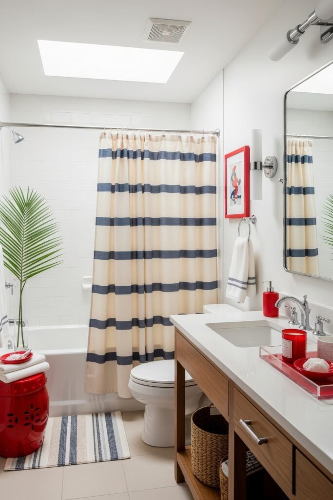 13 Bold Ideas for Red Bathroom Decor That Wow 2 Bright bathroom with a striped shower curtain, wood vanity, and red accents including a stool and soap dish for a playful bathroom decor touch.
