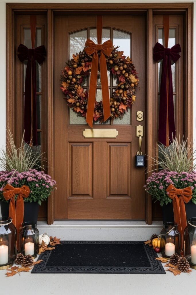 Warm, Modern Thanksgiving Door Decorations to Welcome Fall 2 Wooden front door styled with a wreath of autumn leaves and acorns tied with a velvet bow, flanked by potted mums, lanterns with candles, and bows on side windows for seasonal charm.