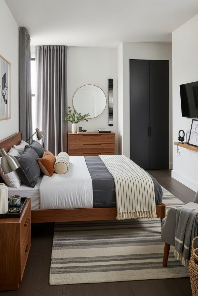 Effortlessly Stylish bedroom ideas for men That Feel Personal 18 Contemporary bedroom with a wood bed, striped throw blanket, layered pillows, and a dresser with mirror, styled with neutral tones and black wardrobe.