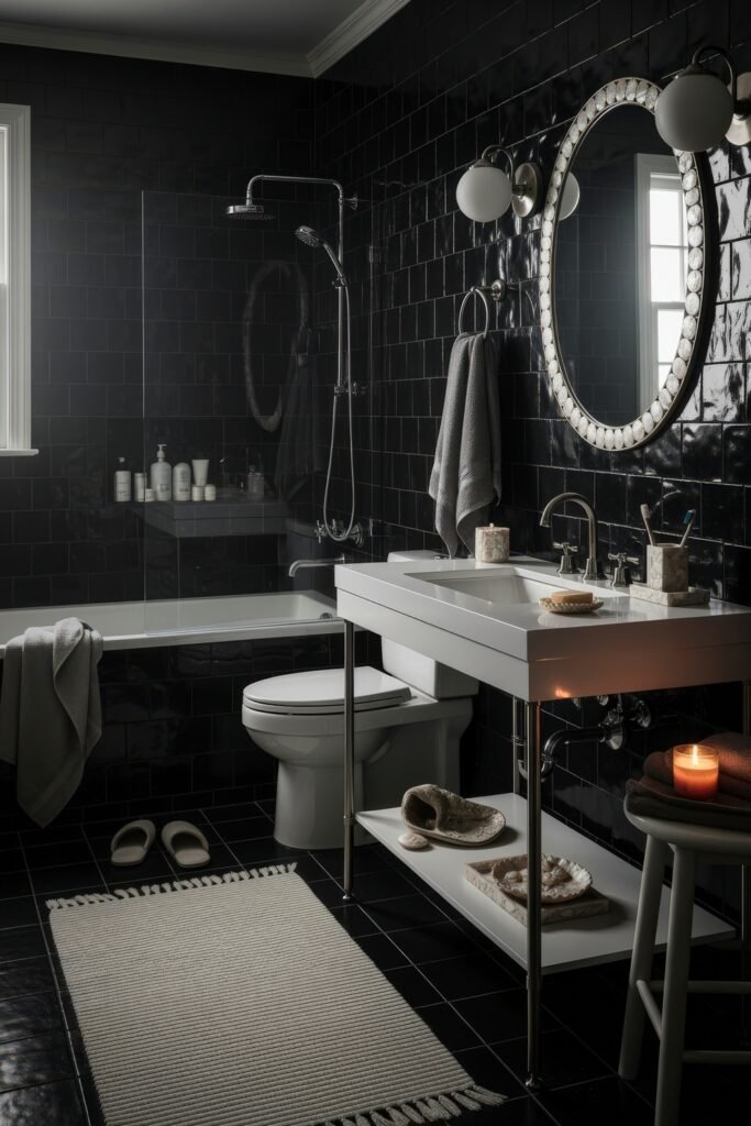 Fresh Ideas for Black and White Bathroom Decor 19 Cozy bathroom with black tiled walls and floor, white vanity, and an oval mirror framed in textured white, enhanced by moody lighting and a lit candle.