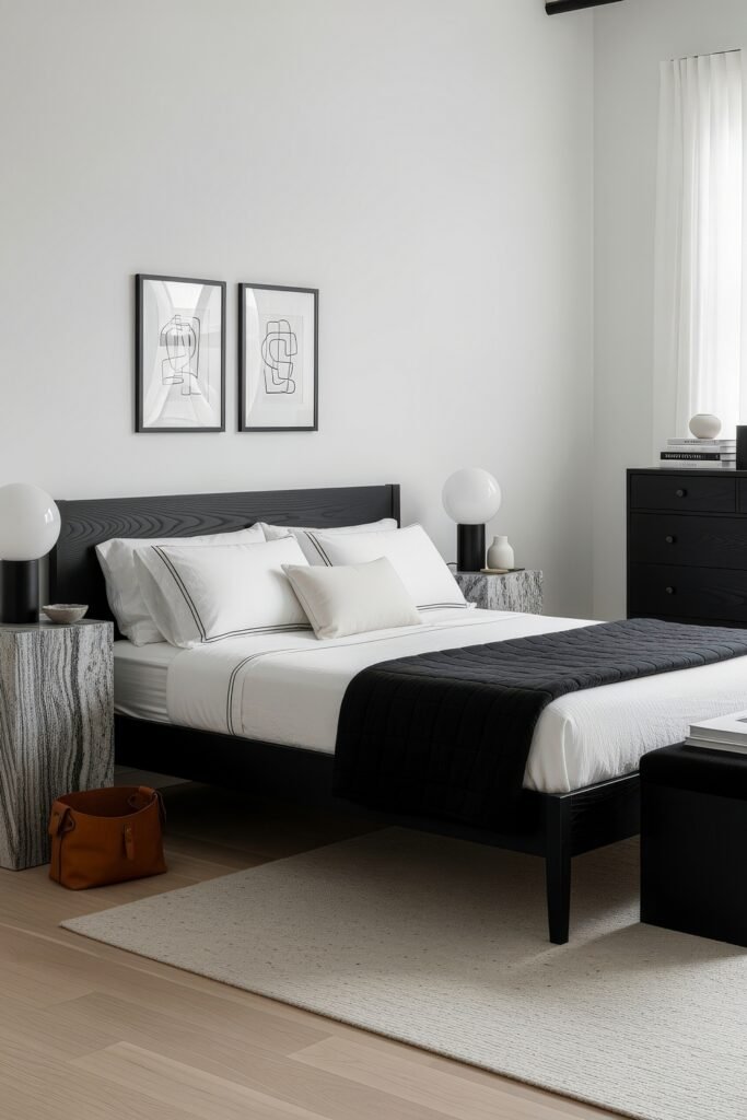 Black and white bedroom with a dark wood bed frame, white sheets, black coverlet, and stone-textured nightstands topped with spherical lamps.