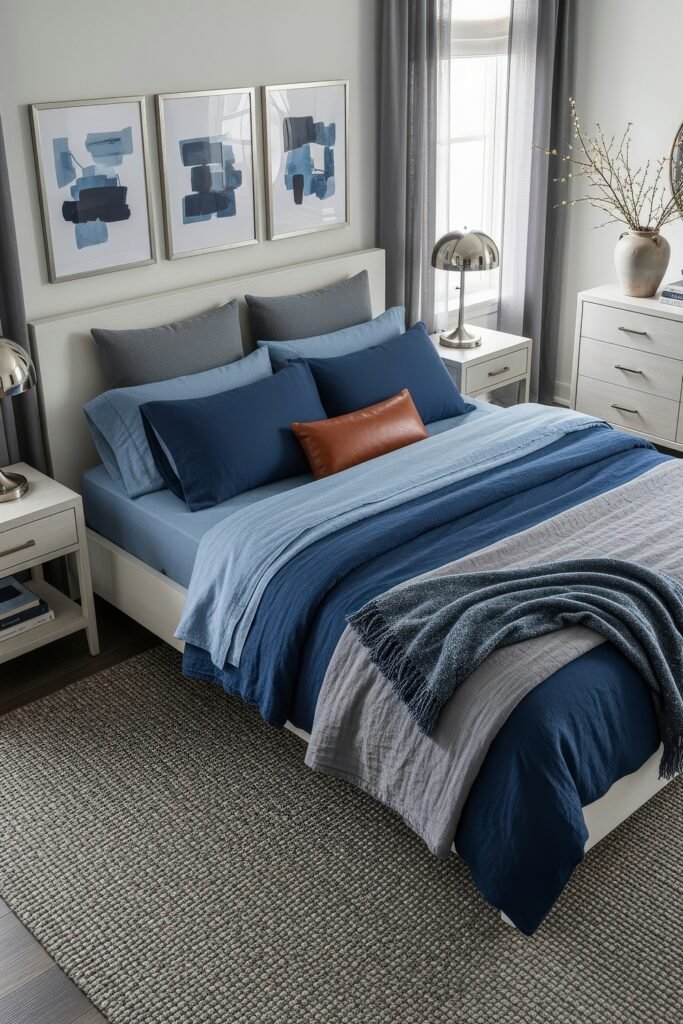 Fresh blue bedroom ideas for a calm, chic retreat 20 Modern bedroom with gray walls, layered blue bedding, a leather accent pillow, and abstract blue artwork above the bed.