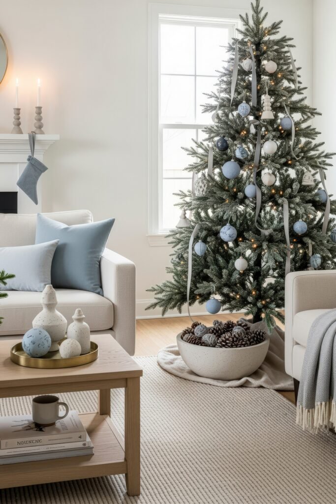 Cozy Holiday Magic With Blue Christmas Décor 18 Minimalist cozy room with a Christmas tree decorated in pale blue and white ornaments with soft gray ribbons, styled with pinecones and neutral winter décor.