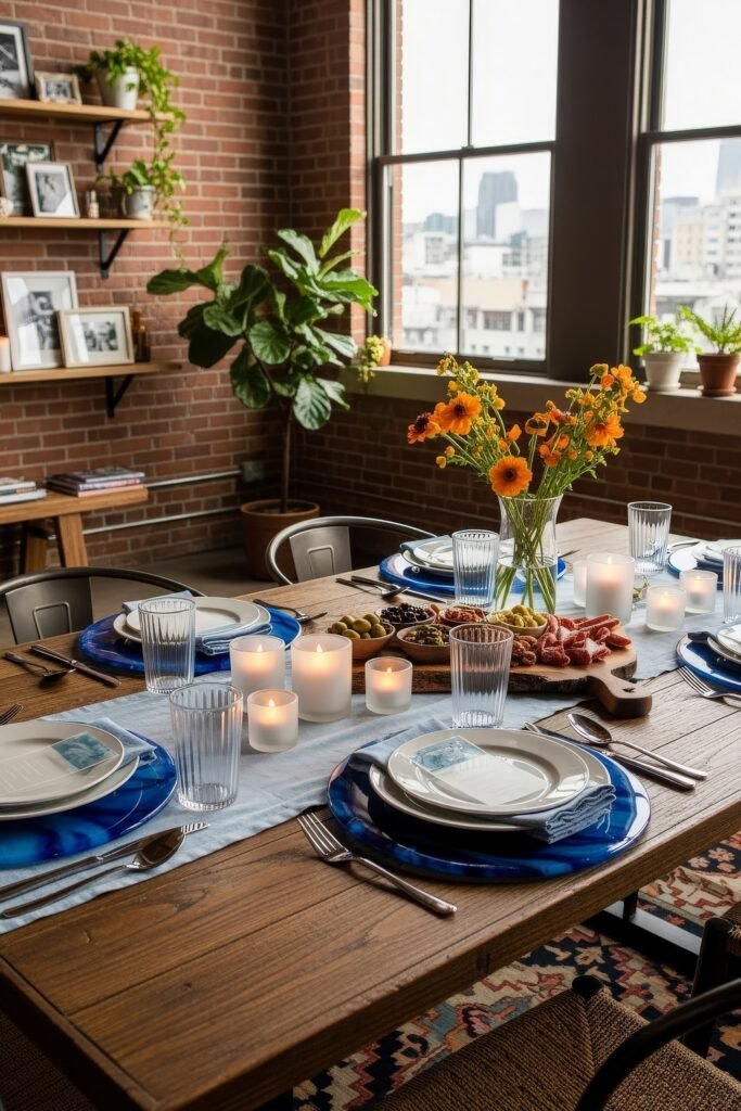 Fresh Ways to Style Blue Thanksgiving Table Décor 16 Loft table with blue agate-style chargers, glowing candles, charcuterie board, and orange flowers in a casual urban setting.