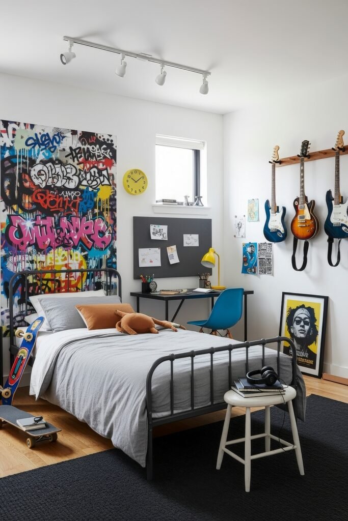 Breezy, Stylish Boys Bedroom Ideas for Modern Families 19 Urban boys bedroom with graffiti-style wall art, guitars mounted on the wall, a bright yellow clock, a blue desk chair, and a skateboard by the bed, blending music, art, and skate culture.