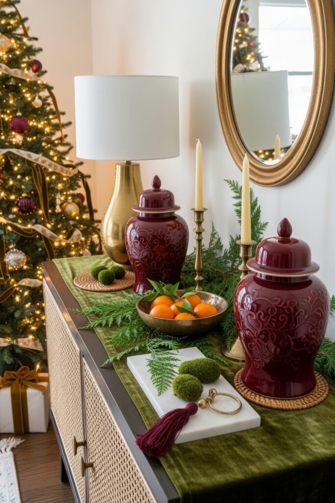 Cozy-Luxe Ideas for Burgundy Christmas Decor 18 Console table with burgundy ceramic jars, a bowl of oranges, candles, and greenery, with a lit Christmas tree nearby.