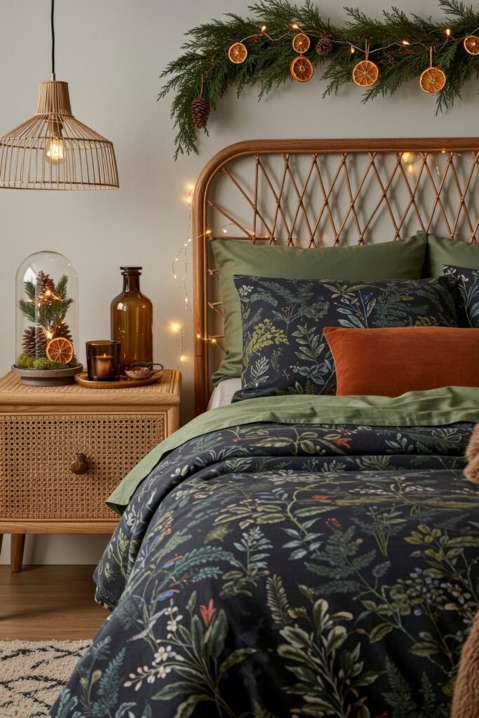 Elevate Your Bedroom with Cozy Christmas Bedding 18 Botanical print bedding with green and rust pillows, styled with garland and dried oranges, fairy lights, and natural accents for warm holiday décor.