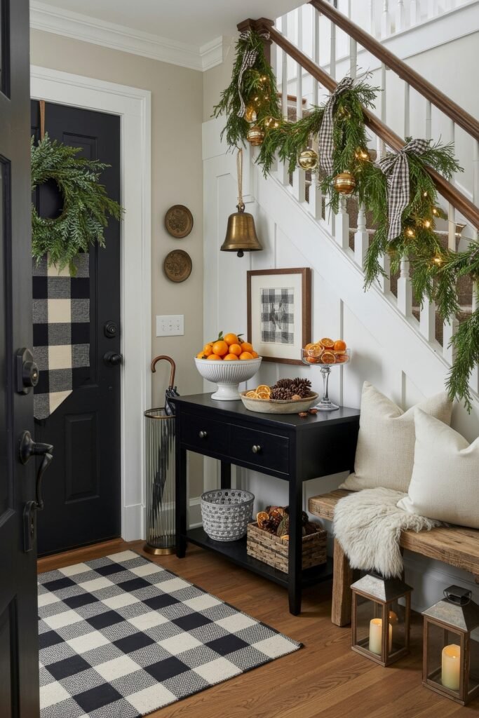 Cozy Christmas Décor for a christmas entryway 20 A welcoming entryway with buffalo plaid details, citrus-filled bowls, pinecones, glowing lanterns, and garland-draped stairs, creating a cheerful christmas entryway scene.