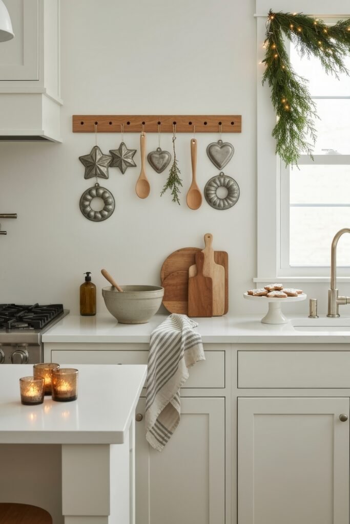 Cozy Ways to Style a Christmas Kitchen That Feels Magical 14 Softly lit white kitchen with vintage cookie molds and wooden spoons hanging on the wall, greenery above the window, and a cake stand holding powdered sugar cookies.