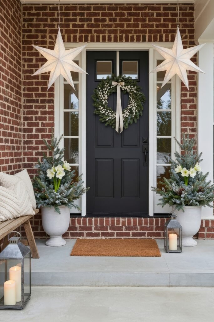 Cozy Entry Magic for christmas porch décor 18 Brick porch with black door, large glowing star lanterns, a wreath with berries and ribbon, and planters filled with frosted greenery and white flowers.