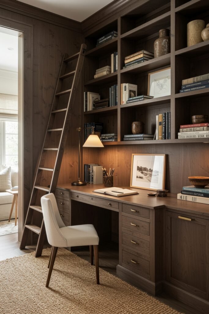 Closet Office (Cloffice) Ideas For A Chic, Calm Workspace 19 Warm wood library-style office with built-in desk, ladder, and shelves styled with books, pottery, and framed art.