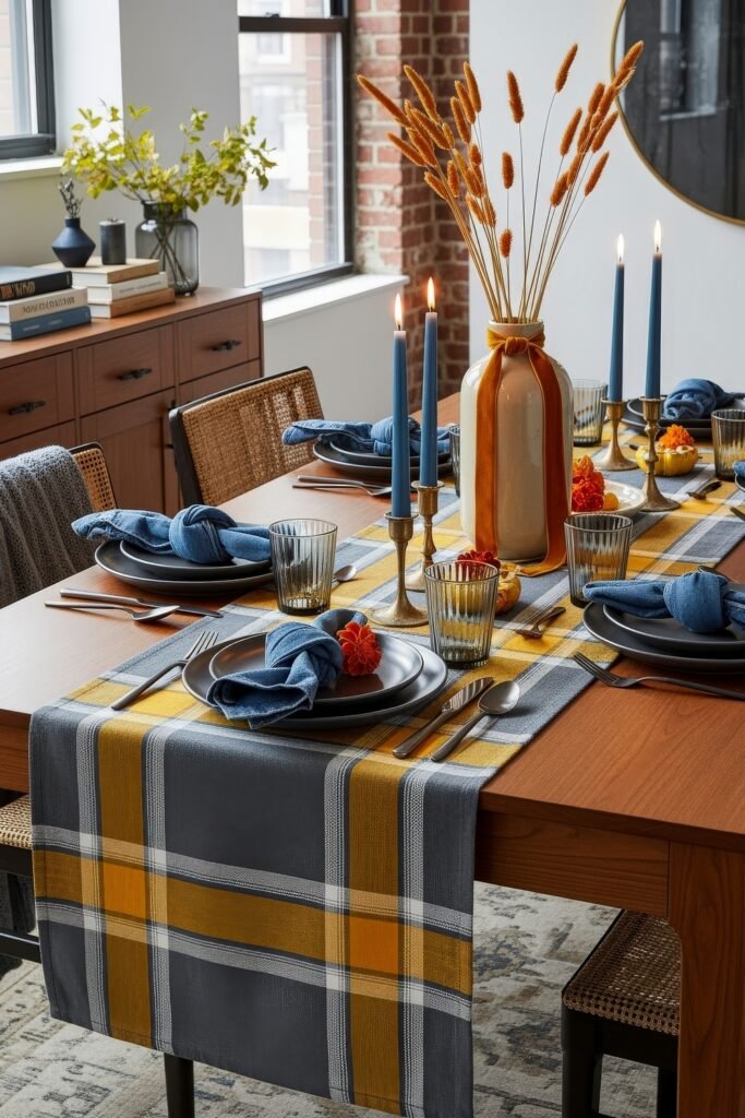 Modern, Cozy Ideas for Fall Thanksgiving Décor 19 A dining table decorated with a yellow-and-gray plaid runner, blue candles, denim napkins, and orange flowers for a vibrant fall Thanksgiving décor.