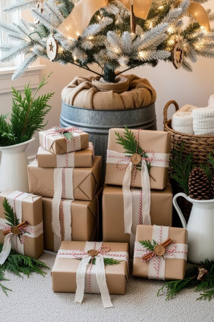 Cozy Ways to Style Farmhouse Christmas Décor 17 Pile of brown paper–wrapped Christmas gifts tied with ribbon, greenery, and wax seals placed beneath a snowy tree in a galvanized tub.